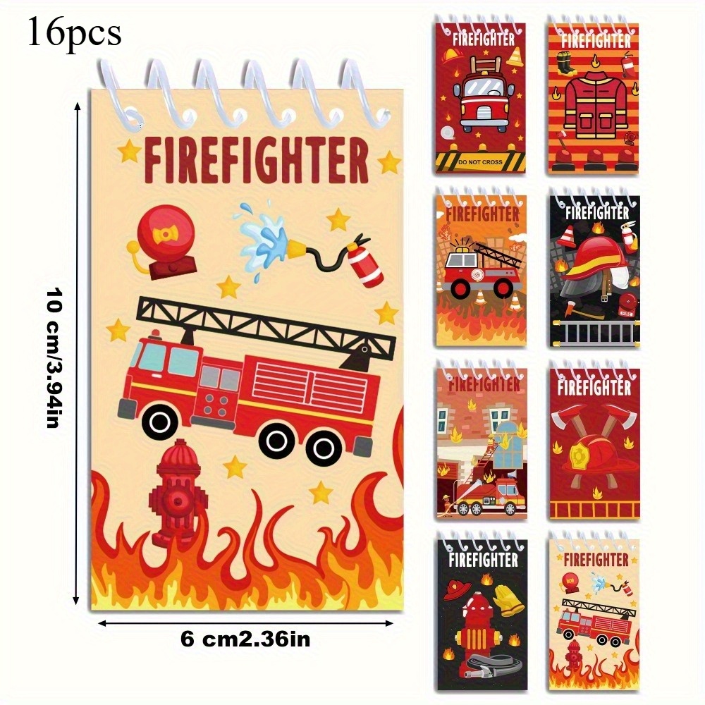 Image of 16pcs, Cartoon Firefighter Themed Notebooks, Spiral Pocket Notebooks With Fire Truck Designs, Mini Notepads, Assorted Designs For , Birthday Party Supplies Notebooks