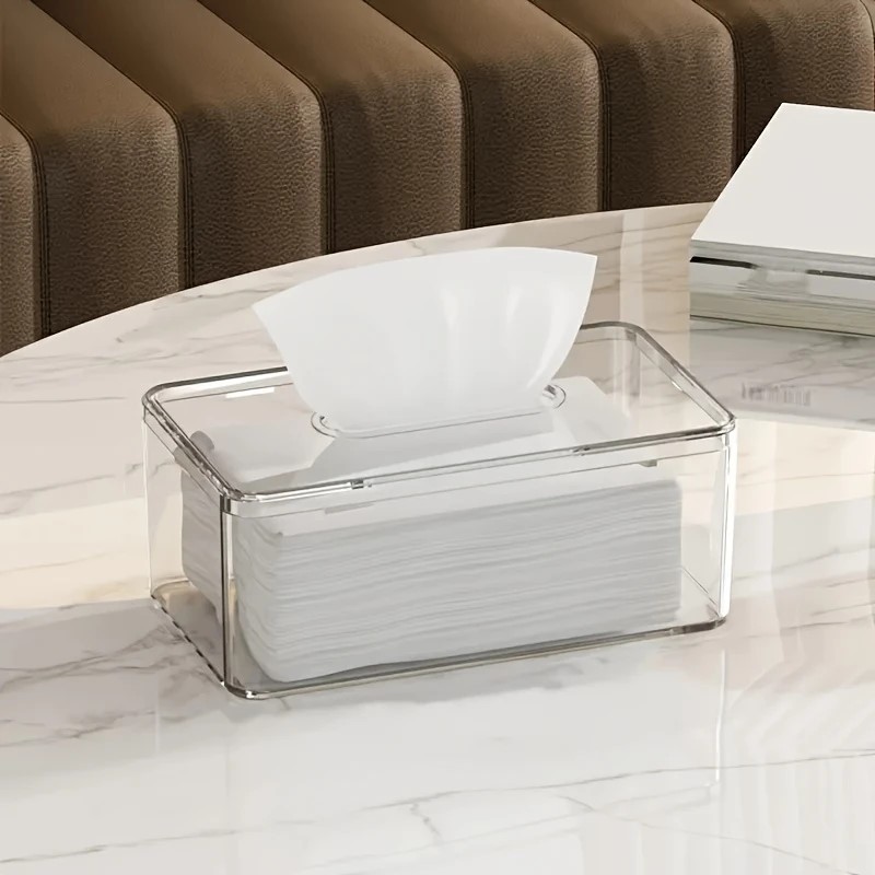 a modern transparent acrylic tissue box cover with a  , featuring a smooth tissue outlet, suitable for decorating bath  and living  . Product details 1