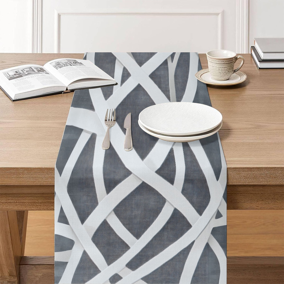 

Modern Gray & Art Table Runner - Polyester, Square Shape For Kitchen & Dining Room Decor