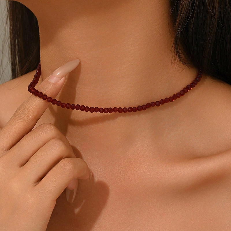 TEMU 1pc Summer Red Beaded Choker Necklace, Versatile Round Bead Collarbone Chain, Women's Fashion Choker Necklace, Plastic Material, For Summer