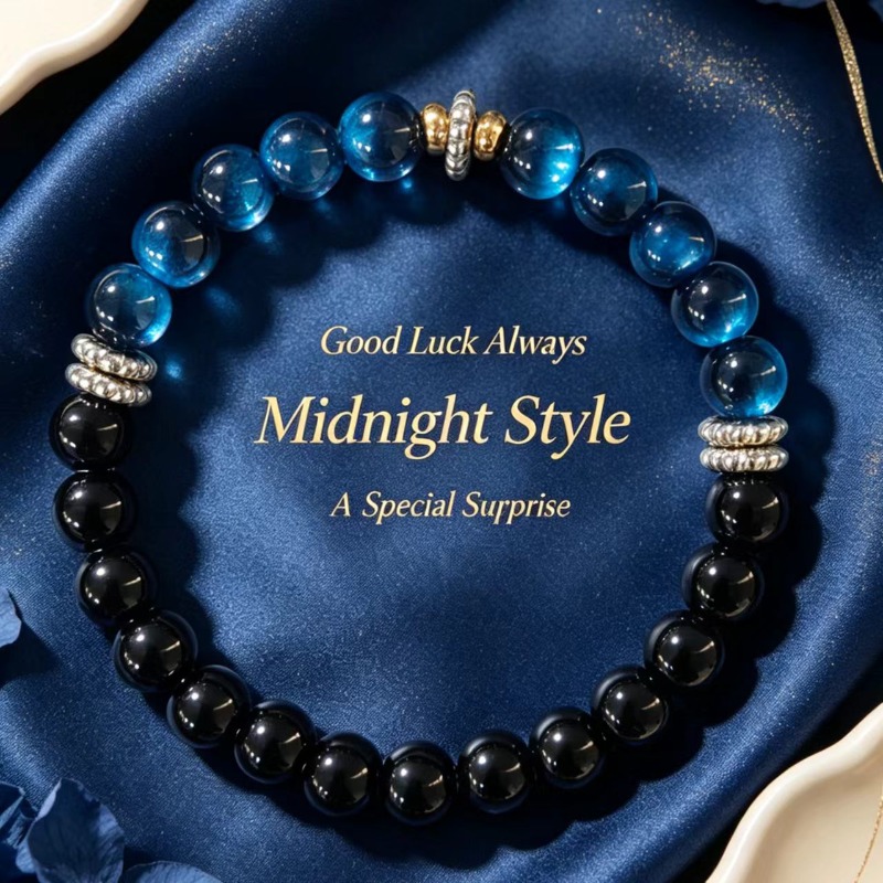 TEMU Perles rondes noires associées à des perles rondes bleues en œil de tigre, rehaussées d'entretoises argentées et de perles d'accent dorées,