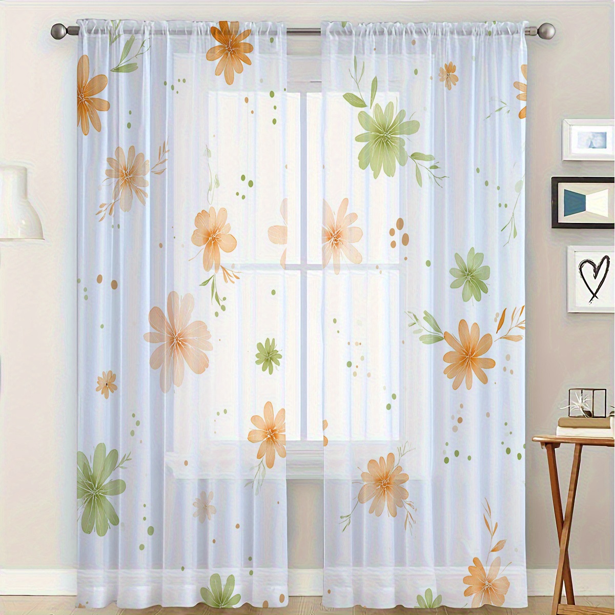 TEMU 2pcs Home Decor Semi-transparent Curtains, Fresh Style Printed Sheer Window Drapes With Warm Patterns, Lightweight And Breathable Window ,