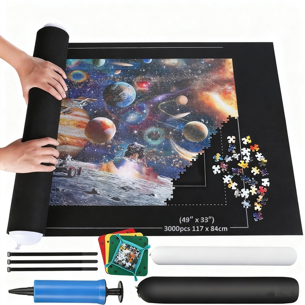 Image of 150*100cm Felt Jigsaw Puzzle Storage Mat - With An Inflatable Tube And 4 Plates, Includes A Portable Storage Bag, And Is A Reusable Blanket For Puzzle Organization