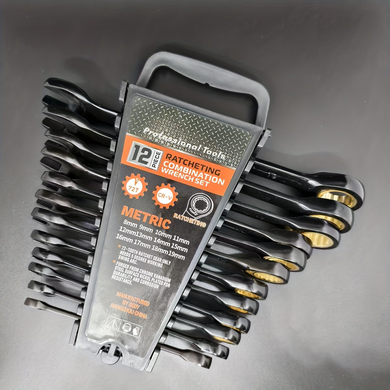 TEMU Jeu de 12 clés à cliquet fixes 72 dents en acier au vanadium forgé, nickel noir, avec crémaillère en plastique 8-19 mm, outils de quincaillerie,