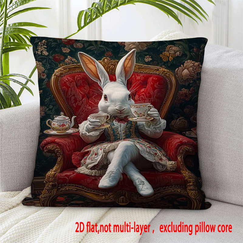TEMU 1pc Pillowcase, Party Pillowcase - Elegant White Rabbit On Vintage Floral Armchair, Soft And Smooth Polyester Short Plush Fabric, Single-sided