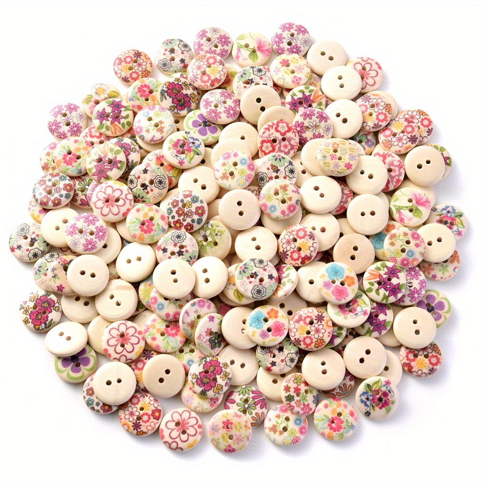 TEMU 100pcs Of Mixed-color Floral Pattern Wooden Sewing Buttons, Round Craft Buttons With 2 Holes, For Decoration