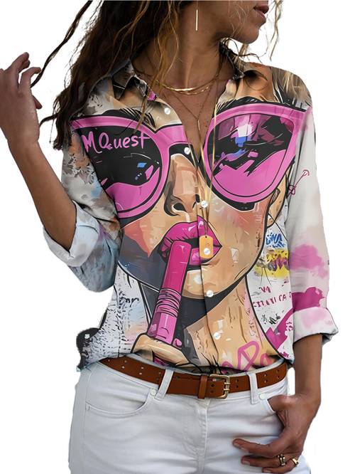 item picture printed design not textured new womens long sleeve shirt with pink sunglasses and lip tint background colorful splatter graffiti style pattern versatile casual washable fabric button embroidered shirt