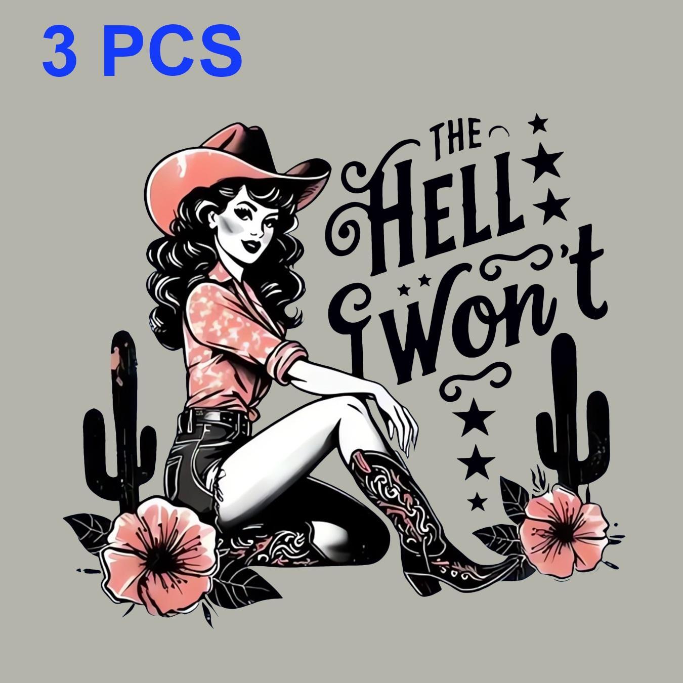 

3-pack Western Cowgirl Iron-on Transfers, Long-haired Lady Heat Transfer Decals, Mixed Color Plastic Diy Patches For T-shirts, Hoodies, Jeans, Backpacks, Canvas Bags, And Throw Pillows