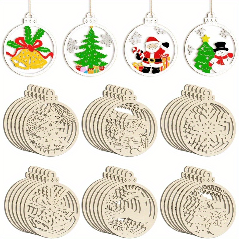 36pcs Wooden Hollow Christmas Ornaments For Paint Christmas Tree Decorations 6 Styles, Blank Unfinished Wood Reindeer Santa Claus Snowman Snowflake Angle Cutouts For Crafts Winter Hanging Decor