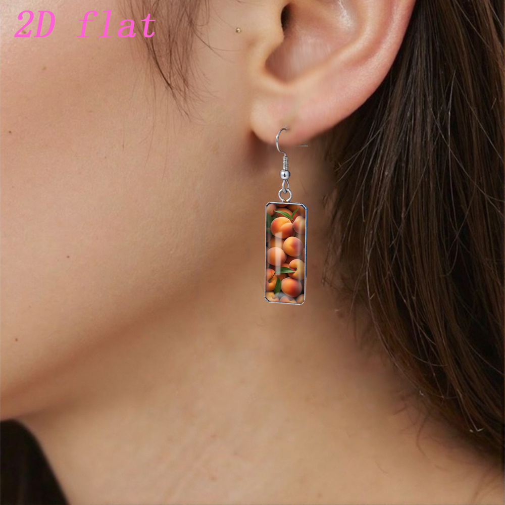 Fresh Apricot Fruit Pattern Time Gem Glass Rectangle Earrings