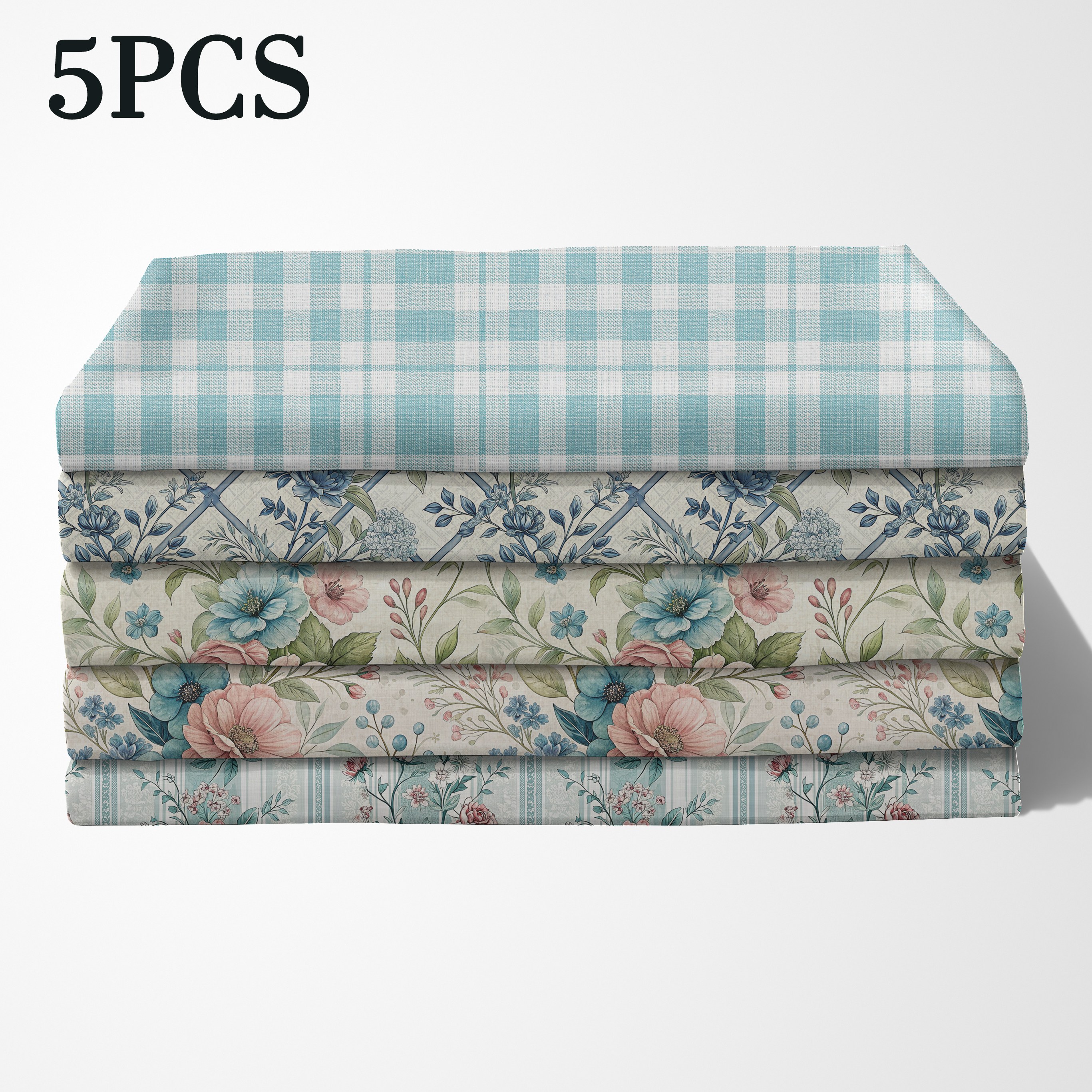 TEMU 5pcs Fat Quarters, 5 Designs Total, Featuring Vertical Floral Branches, Peonies, Diamond Floral, Light , Background With Mint Blue, Nude