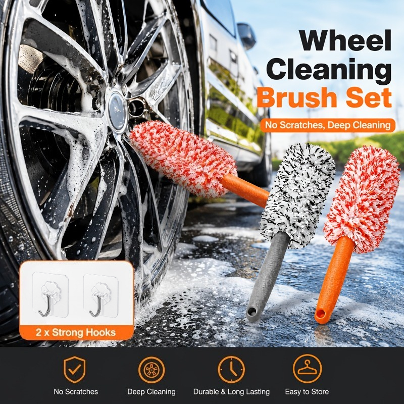 TEMU 4pcs Scratch- Cleaning Brush Set (2pcs Brushes And 2pcs Hooks) For Deep Cleaning, Soft Bristle , Durable Handle For Car, Truck, Motorcycle