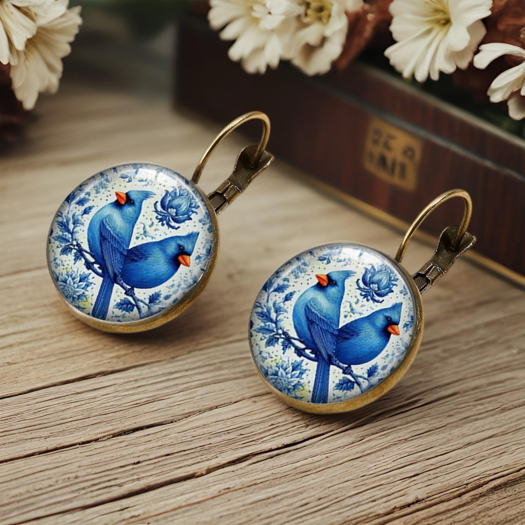 Bluebird Pattern Elegant Delft Pottery Style Earrings