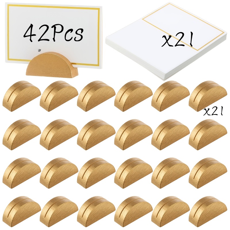 TEMU Juego de 42 piezas de soportes dorados para números de mesa, 21 soportes de madera dorados y 21 tarjetas de papel, tarjeteros de madera