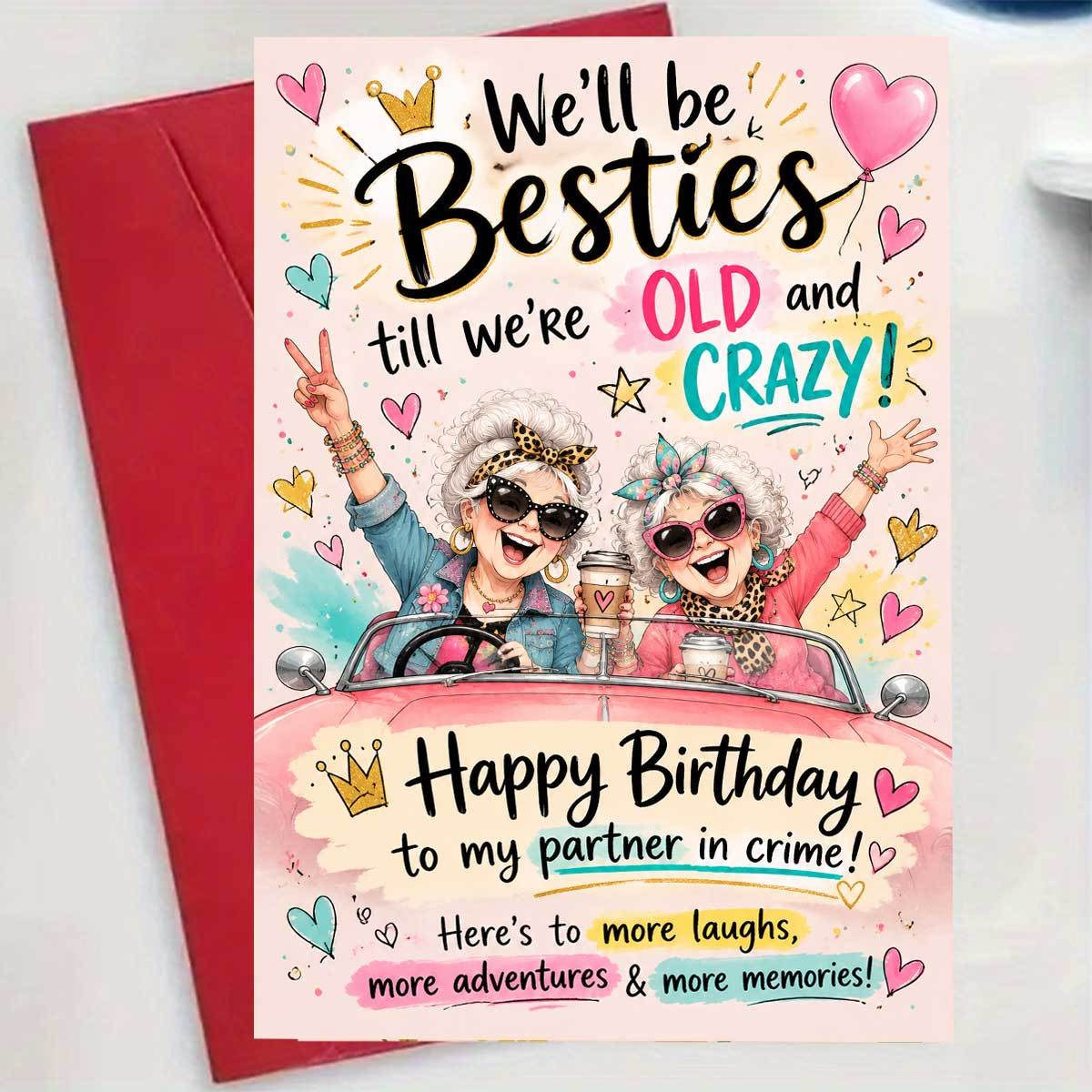 TEMU Exquisite Birthday Card, Featuring 2 Fashionable Elderly Women Wearing Sunglasses In A Pink Convertible Car, With Text ' Be For Till Old And