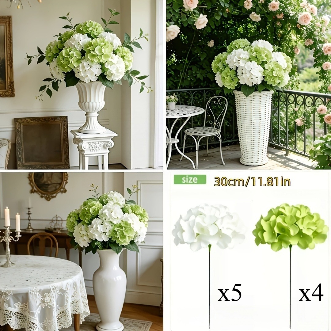 TEMU 9pcs Realistic Romantic Hydrangea Decorative Flowers, White And Green Hydrangea Decorations Suitable For Weddings, Photography, Valentine's Day,