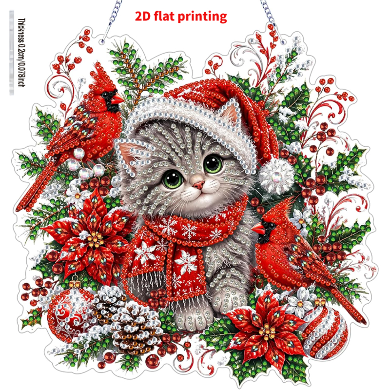 TEMU 2d Flat Printing Christmas Kitten Diamond Painting Hanging Kit For Adults | Pendant Diamond Painting Art Set, Special Shape Acrylic Door Diamond