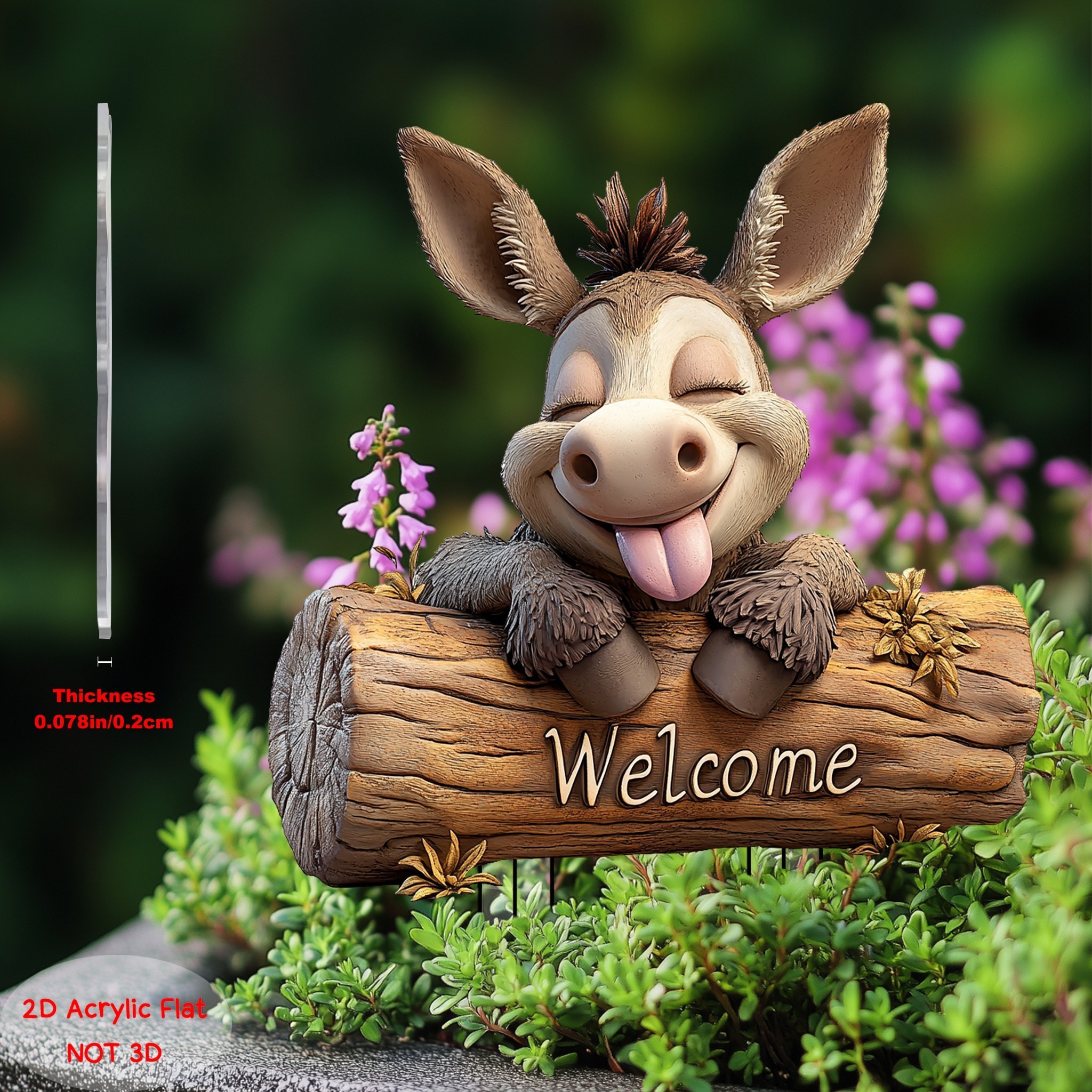 E-shop 2D Flaches, humorvolles, lächelndes Esel-Acryl-Gartenschild mit "Willkommen"-Inschrift - Robuste, flache 2D-Außendekoration für Rasenflächen,