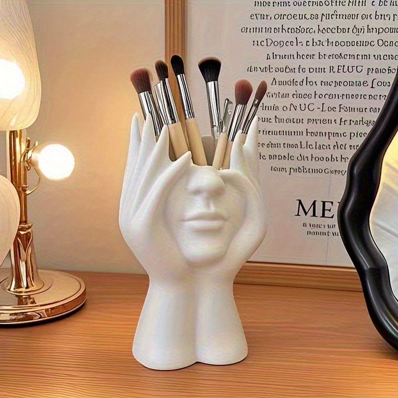 1pc     pen makeup brush holder durable plastic multifunctional desk organizer   office decor with hands covering eyes design details 3