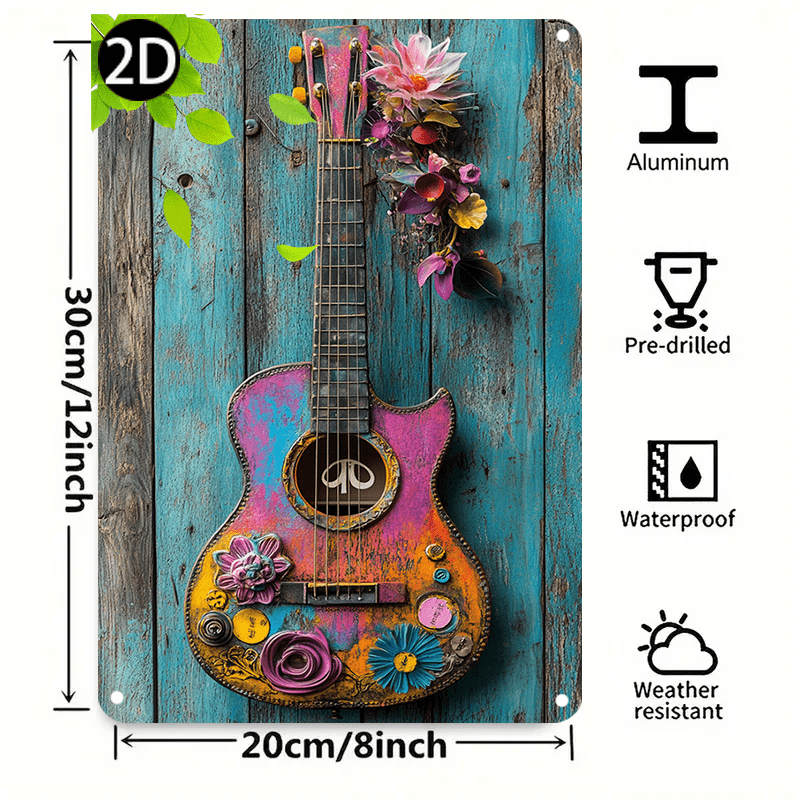 TEMU 2d Flat, 1pc & Floral Metal Wall Art Sign - Colorful Aluminum Decorative Plaque Symbols, Wall-mounted For Home, Bar, Cafe, Garage Decor, Guitar