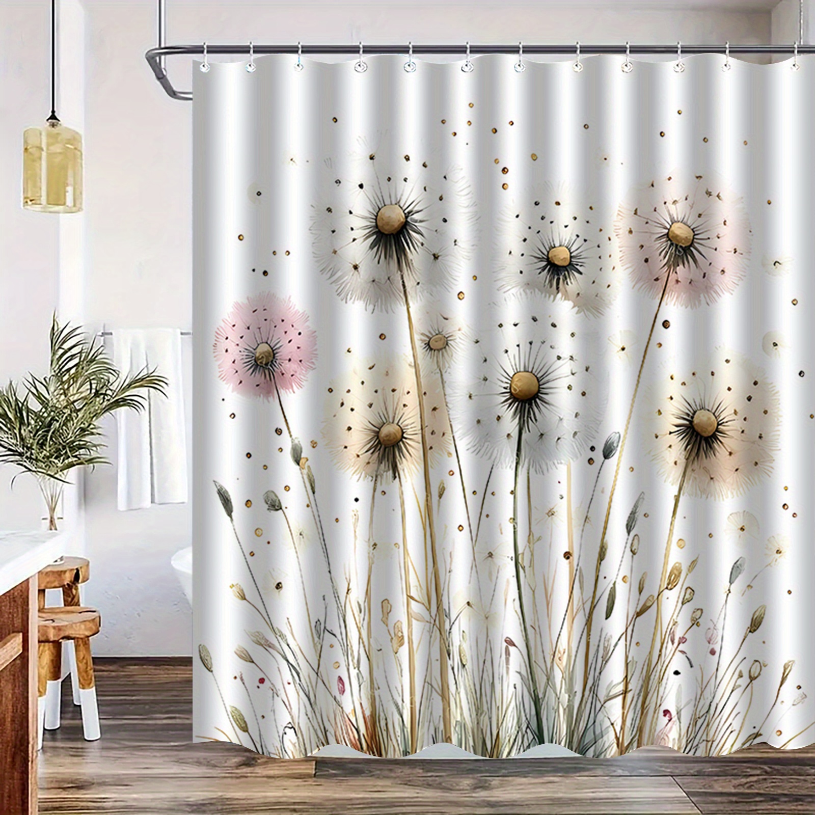 TEMU 1pc Dandelion Pattern Printed Shower Curtain, High-end Elegant Bathroom Curtain, Suitable For Home Decor, With 12pcs Hooks Polyester Fabric