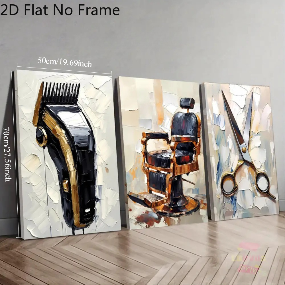 TEMU 2d Flat, 3pcs Vertical Bohemian Barber Wall Art Suitable For Barber Shop Decor - Chair, Clippers & Scissors Prints, Suitable For Studio,