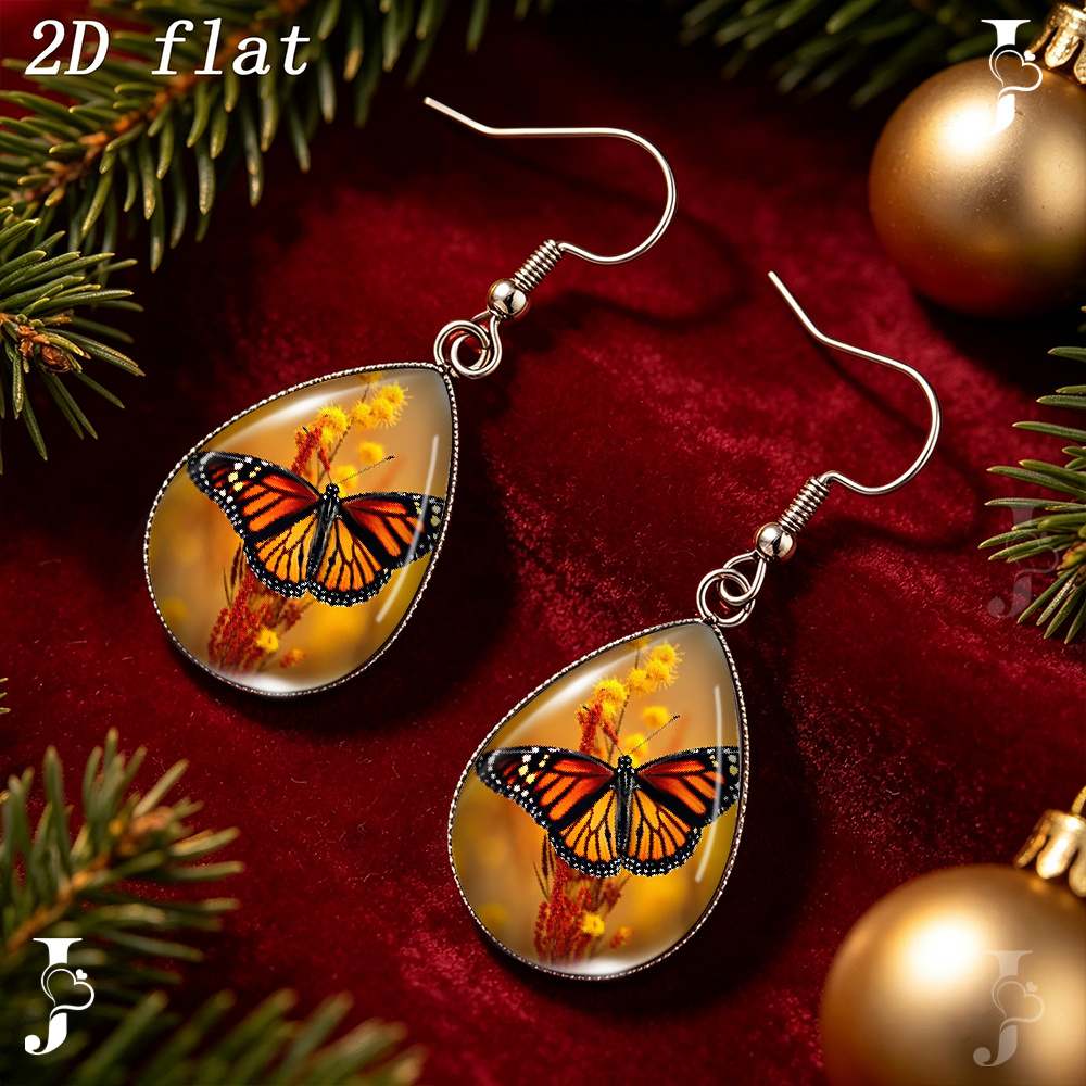 Teardrop Dangle Earrings with Monarch Butterfly Pattern