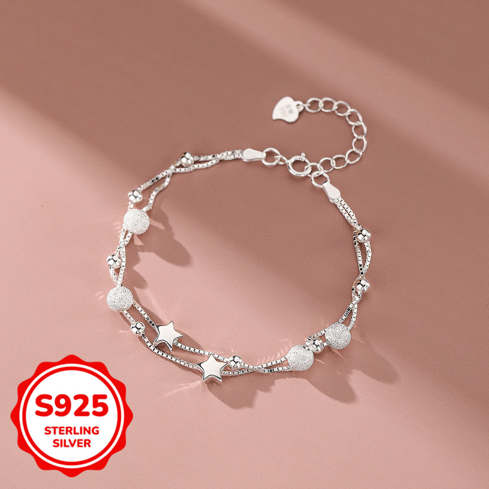 

Sterling Silver Double-layer Star Charm Bracelet, 925 Silver, Hypoallergenic, Elegant & Sexy, Bead , Day & Music Festivals, Includes Anti-rust Gift Box, Ideal For Valentine's Day & All