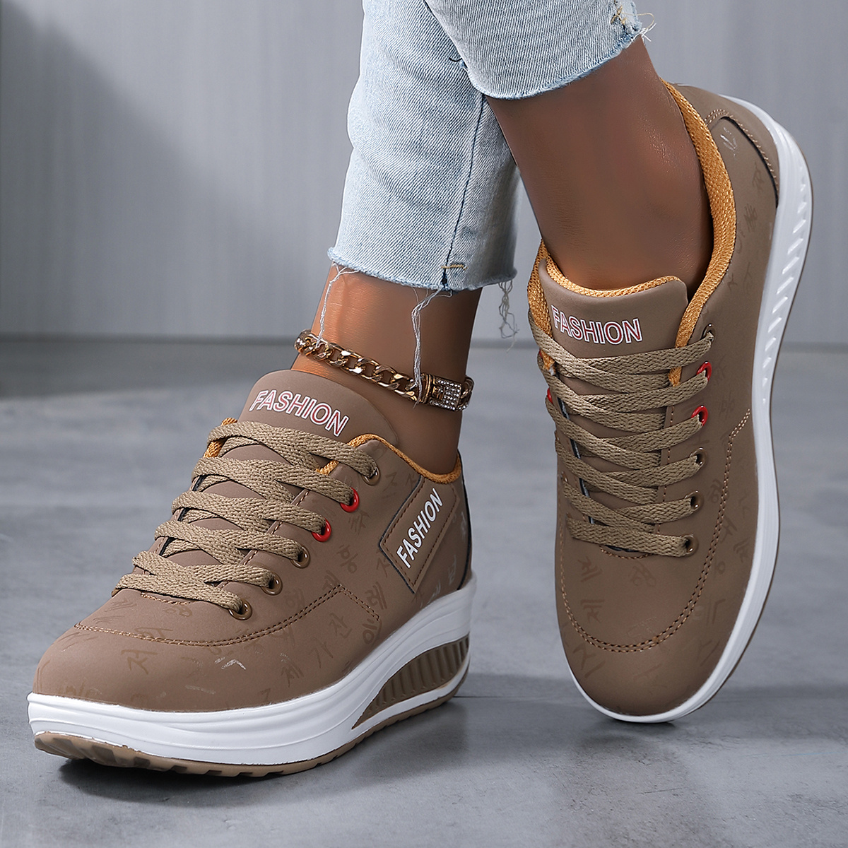 Image of [sneakers] Women's Printed Wedge Casual Shoes, Printed Upper For Fashion, Lace-up , Elastic Thick Sole Eases Foot Fatigue, Non-slip Texture Safety, Perfect For Commuting, Walking And Long Standing