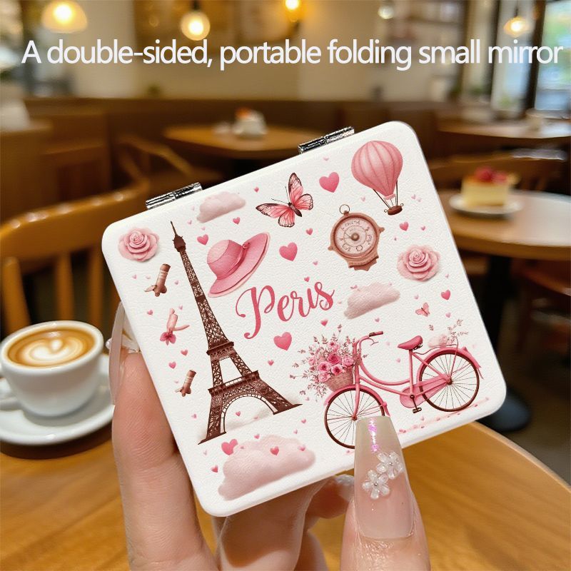 TEMU Paris Theme Compact Mirror - Double-sided Folding Makeup Mirror, Portable Travel Mirror, Square Pocket Mirror With Eiffel Tower, , And Bicycle