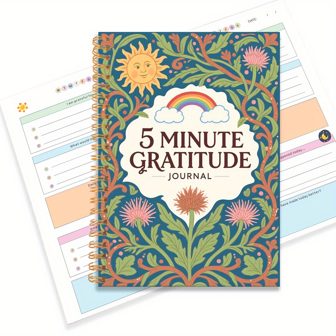 TEMU 1pc 8.3x5.5 Inch 5-minute Gratitude Journal, Floral Style Spiral Notebook, Aesthetic Gift