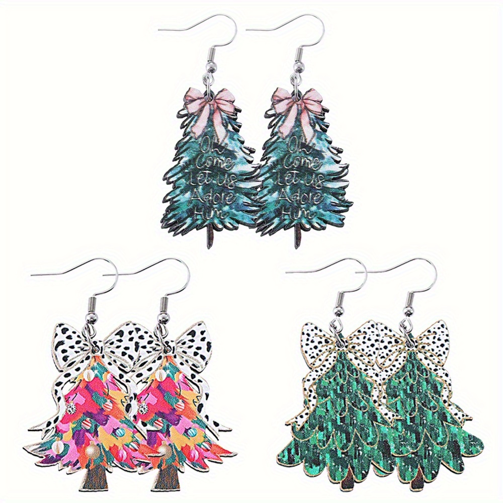 TEMU 3 Pairs Of Christmas Earring Set, Western Painted Bow & Christmas Tree Pendant Earrings For Women, Vintage Wooden Double-sided Simple Accessory For Celebration, Christmas Parties & Ideal Gift