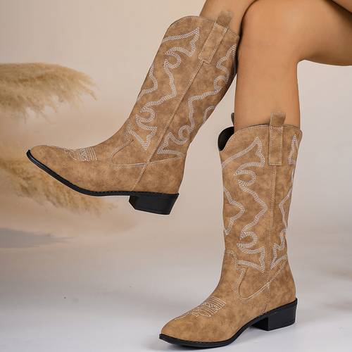 womens western round toe calf boots with chunky heel slip suitable for music festivals casual casual attire comfortable booties cushioned sole outsole for festivals dance office gift women shoes