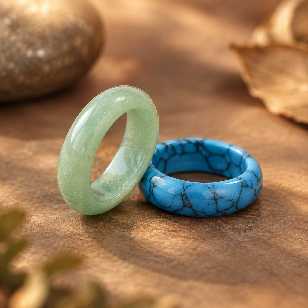 2pc Green Aventurine & Blue Turquoise Stackable Ring Set
