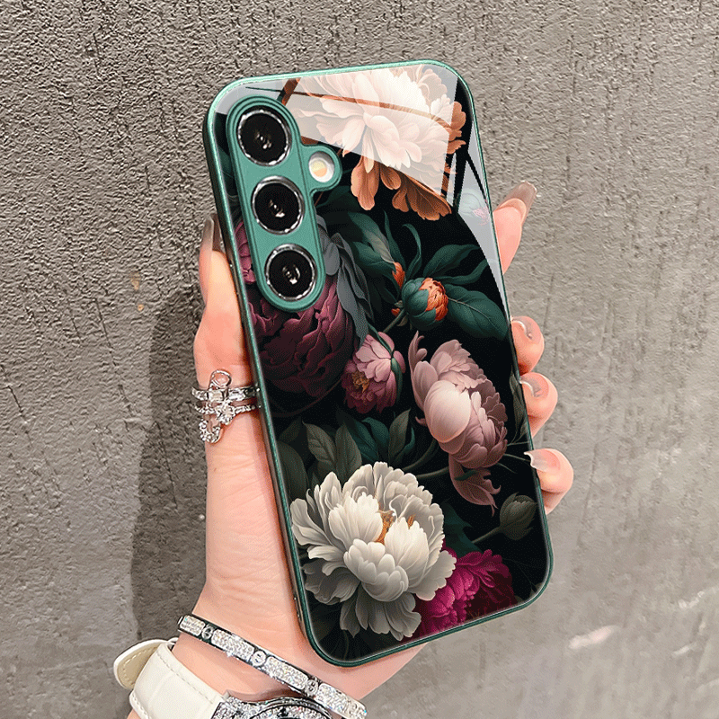 TEMU Phone Case - Retro Peony Pattern Glass Phone Case For Galaxy