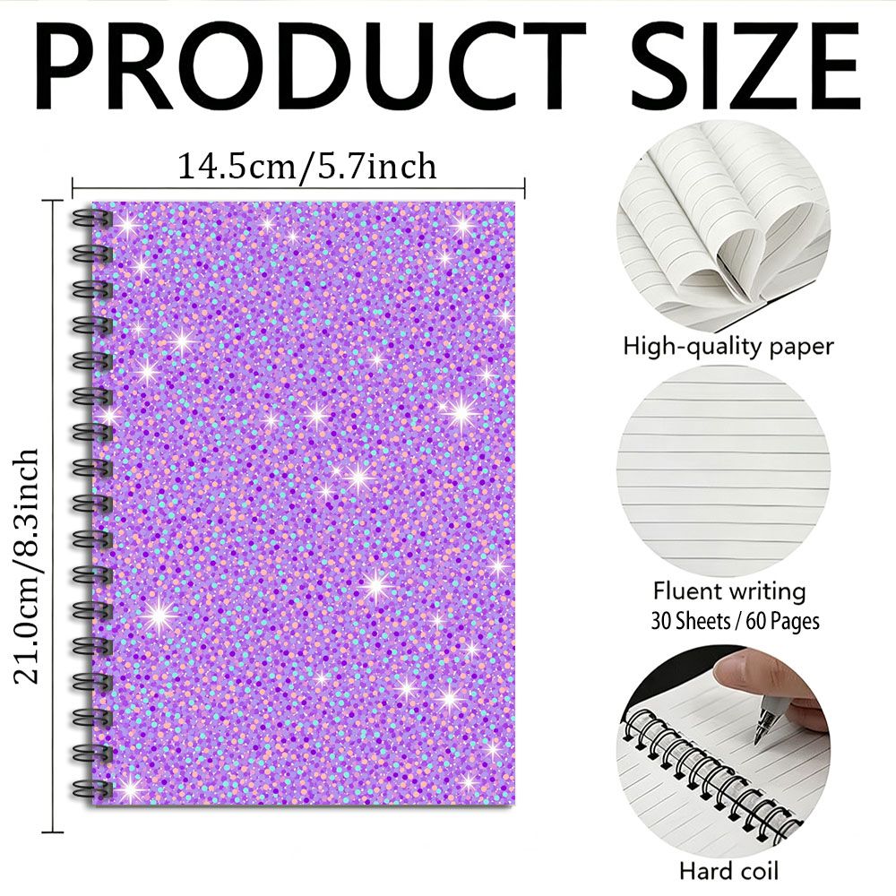 TEMU Glitter Spiral Notebook With Shiny Purple Star Cover - A5 Size Suitable For School & Office, /60 Pages, Horizontal Line Paper Journal, Compact