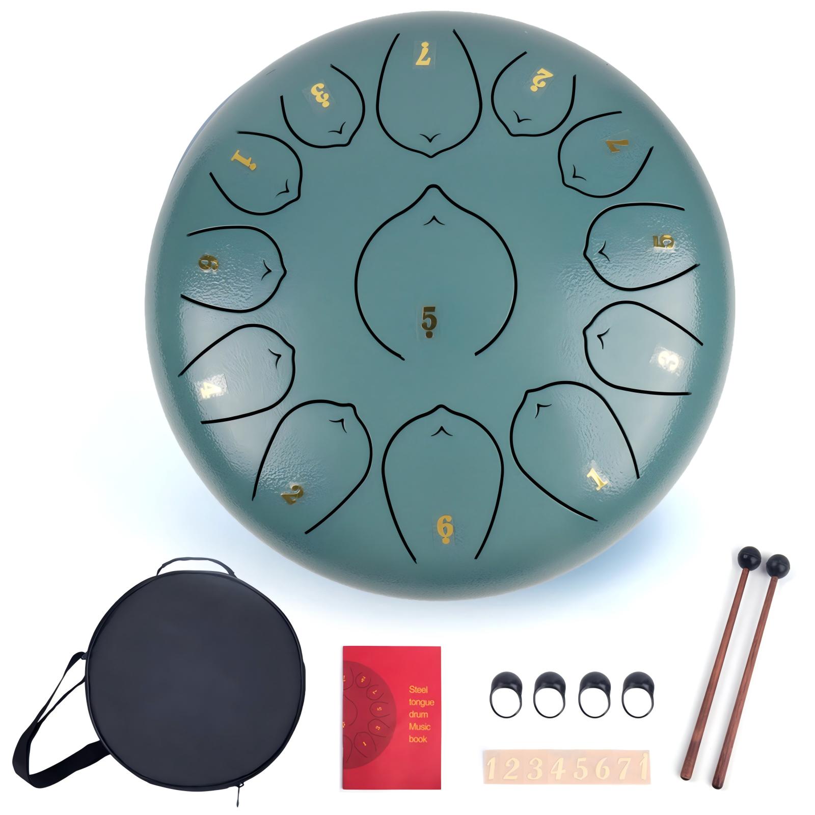 Image of 12-inch Steel Tongue Drum Featuring 11 Notes, Complete With Drum , A Carrying Bag, And Note Sticks For , Meditation, And Yoga
