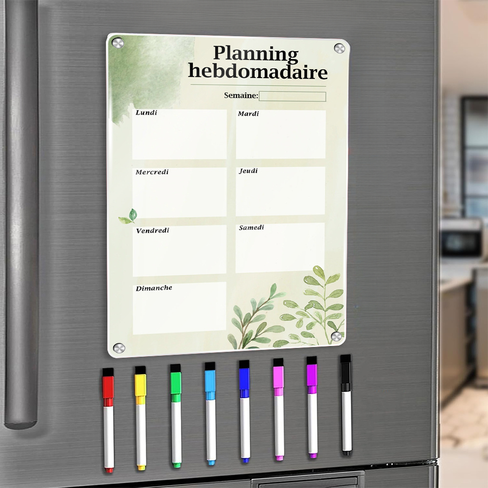 TEMU Agenda Magnétique Hebdomadaire Français - Calendrier Blanc Élégant de 21,5 x 30 cm (8X11.81 pouces) avec Magnétique, Inclut 8 Marqueurs, en