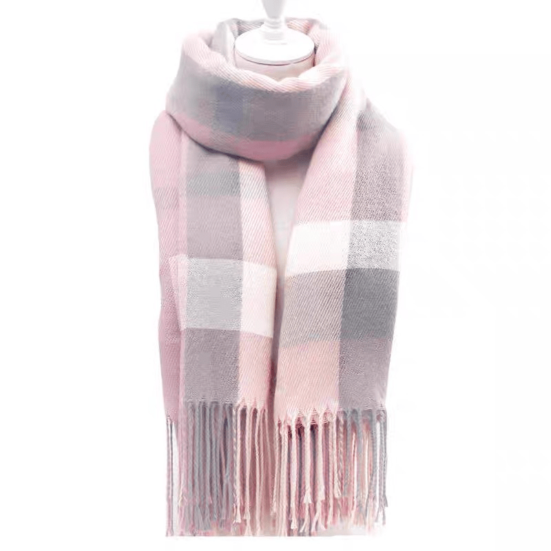 TEMU [customer Favorite] Cozy British-inspired Plaid Scarf For Couples - Thick, Warm & Windproof Shawl In Blue, White & Pink - Perfect Autumn/winter Gift