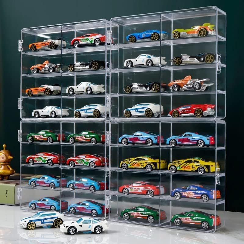 TEMU 4pcs 1/64 Scale Wheels Toy Car Display Cases - Holds 32 Cars, Dustproof Acrylic Storage Organizer With , Stackable Design & Single-door Access