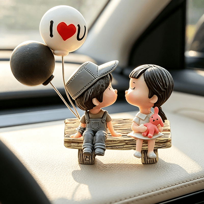 TEMU A Set Of 3 Items (including A Boy, A Girl, And A Bench) Couple Balloon Car Resin Ornaments, Matte Solid Resin Material With Realistic Seats,