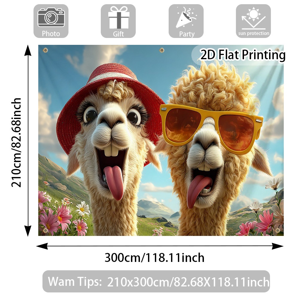 TEMU Outdoor Sunshelter -2d Flat Printing 1pc Festival Canopy With Retro Happy Alpaca Smile , Windproof Sunshade, Durable, High-quality Polyester