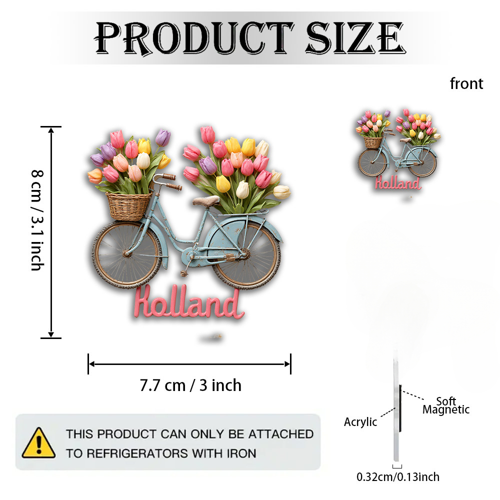TEMU Verzamelbeeldje, 2D plat ontwerp, 1-delige set Nederlands retro fiets- en tulpenkoelkastmagneet - Gemaakt van zacht rubber acryl materiaal