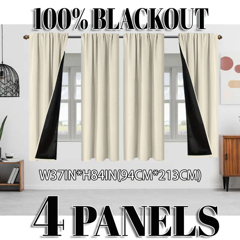 TEMU 4pcs, 100% Blackout And Heat-insulating Curtains, Modern Solid Color Polyester Material, Rod Hanging Method, Rod , Coated Lining, Lightweight,