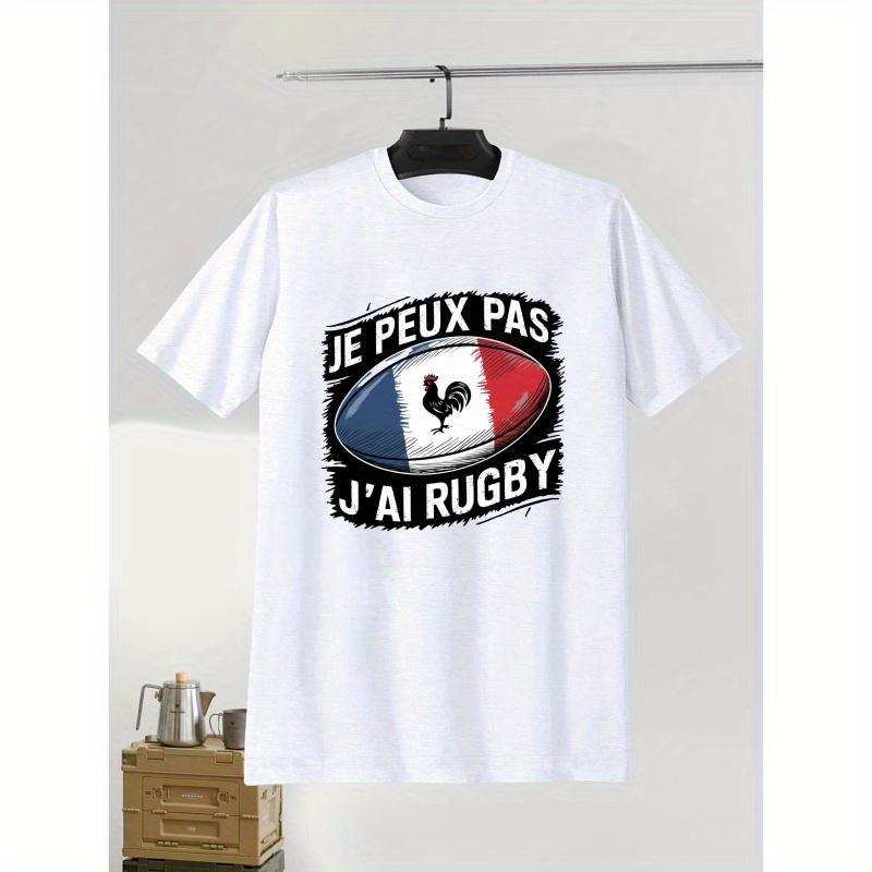 

T-shirt décontracté à imprimé rugby pour hommes, col rond, manches courtes, tissu tricoté 100% polyester, légèrement extensible, coupe régulière, t-shirt d'été - Design de motif géométrique