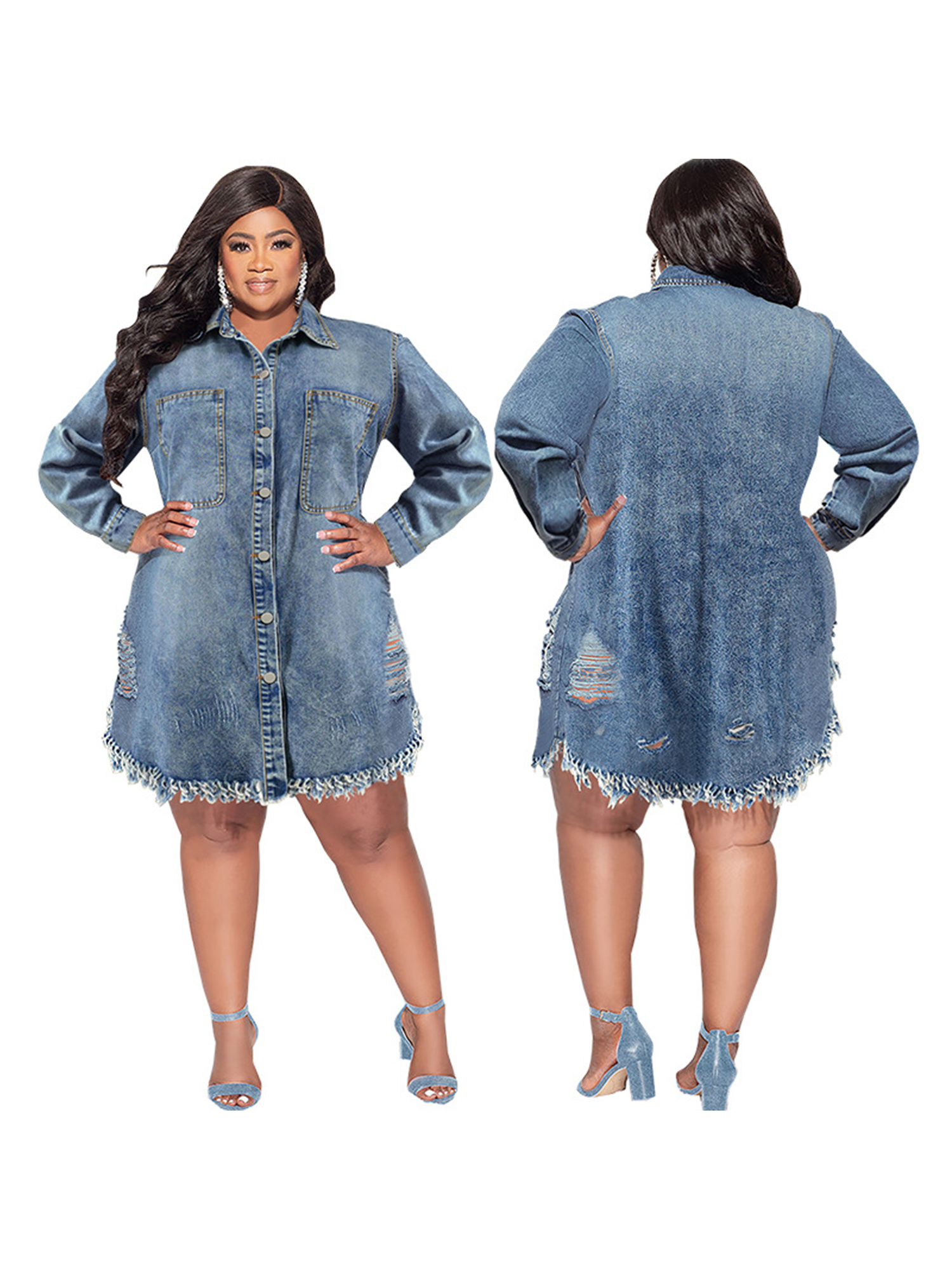 white christmas dresses Light Blue Ruffled 3/4 Sleeve Buttoned Front Plus Size Denim Dress – The  Rusted Nail Boutique main image 0