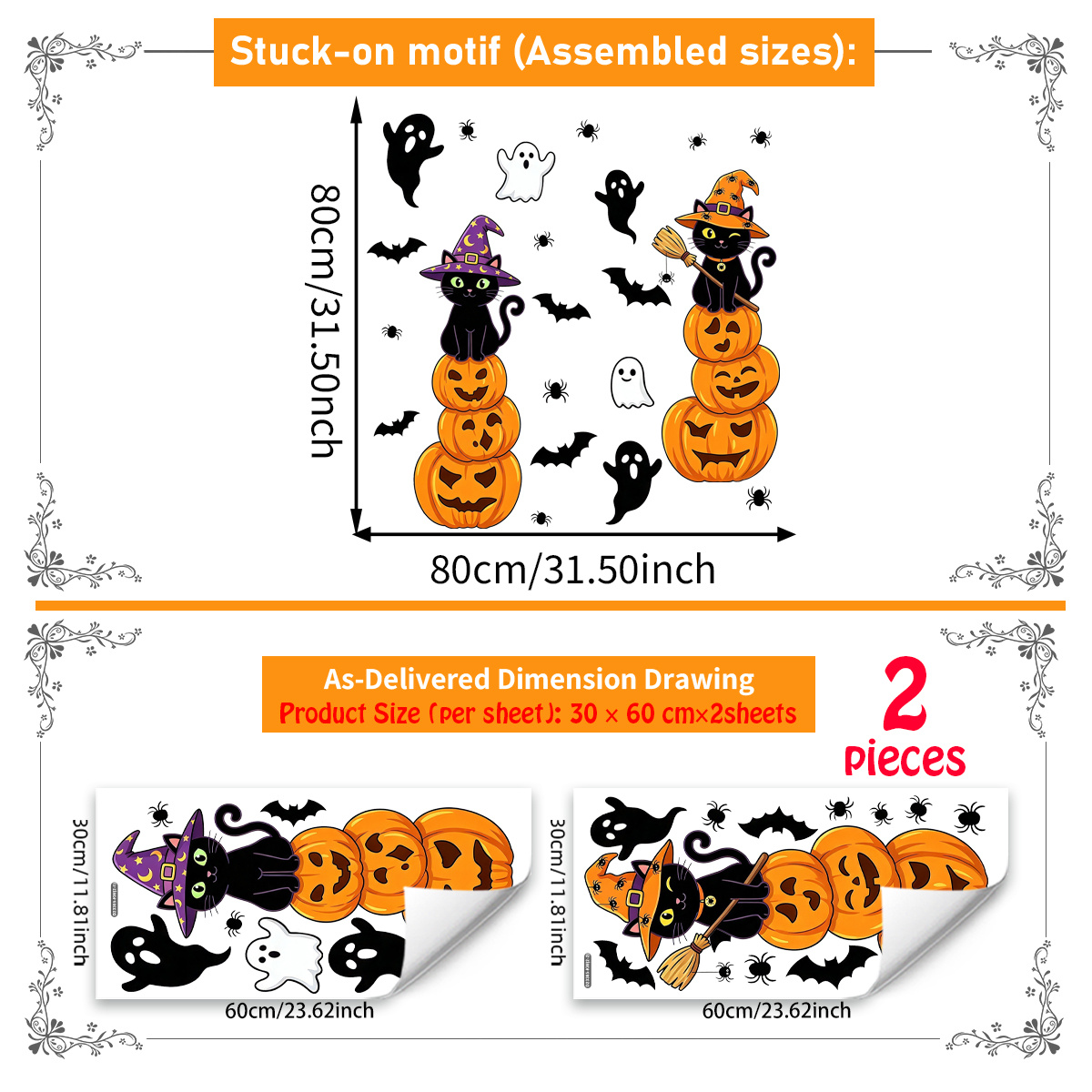 TEMU A Set Of 2 (30 X 60 Cm X 2pcs) Halloween Black Cat Pumpkin Electrostatic Window Decals, Ghost Bat Glass Holiday Decoration Stickers, D23305