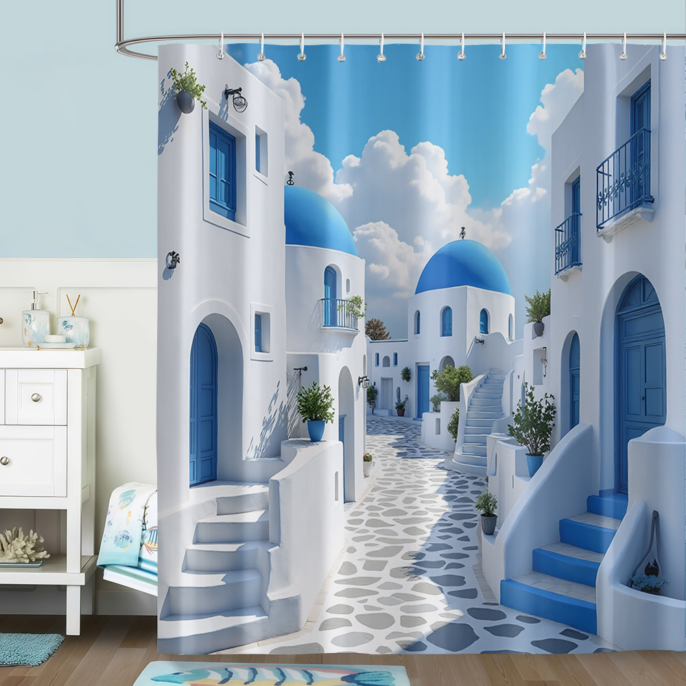 TEMU 1pc Santorini-style Pattern Printed Shower Curtain, Fresh And Decor Bathroom Curtain, Includes 12 Hooks, Suitable For Window, Wall, Bathtub, And