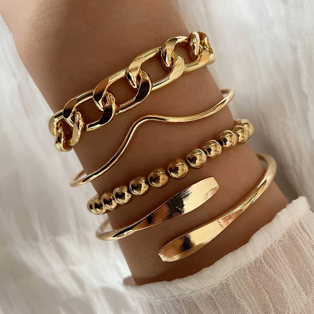 

4pcs/set Golden-tone Stacking Bangle Bracelets - Women's Chunky Chain & Bead Detail Open Cuff Design Jewelry Set With Assorted Style Options