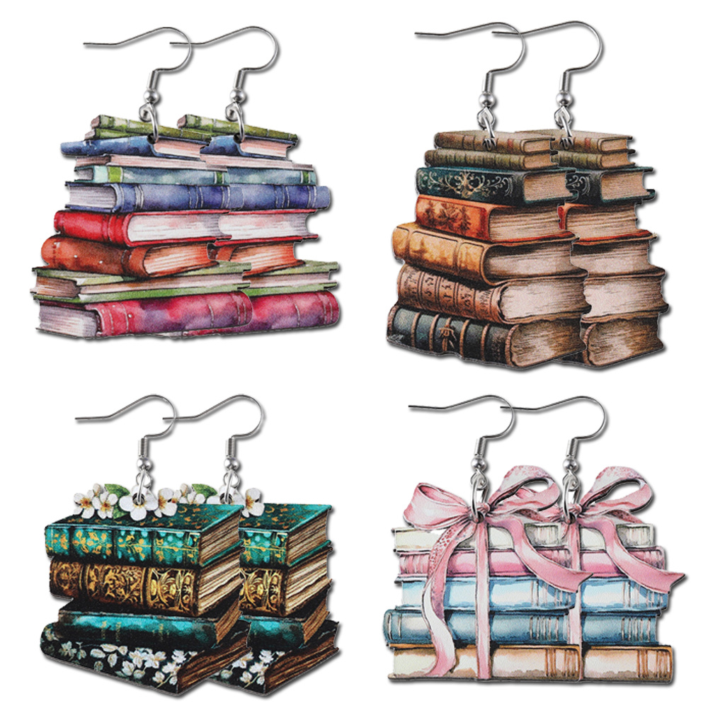 TEMU 4 Pairs, Vintage Flower Bow Book Pendant Earrings Set, Women's Wooden Ear Jewelry, Party Back-to-